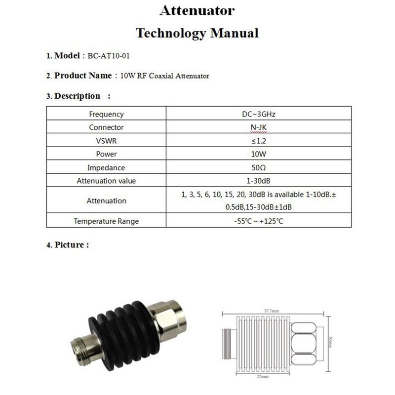 BECEN 10W N Male to Female Connector Attenuator,50 Ohm (30db) - Image 2